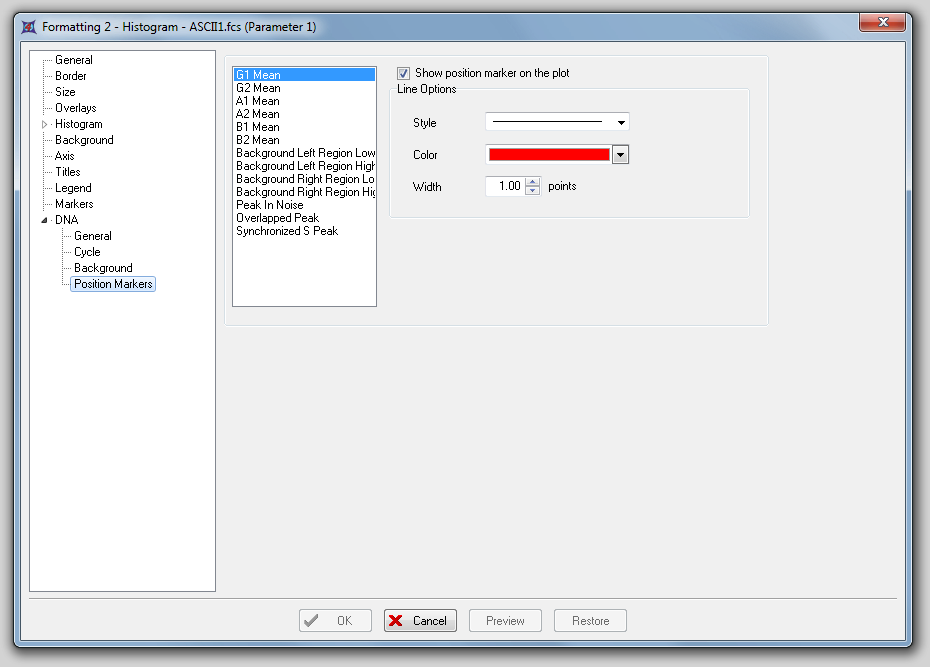 图24.10  Formatting a DNA histogram - Position Markers (格式化DNA柱状图 - 位置标识)